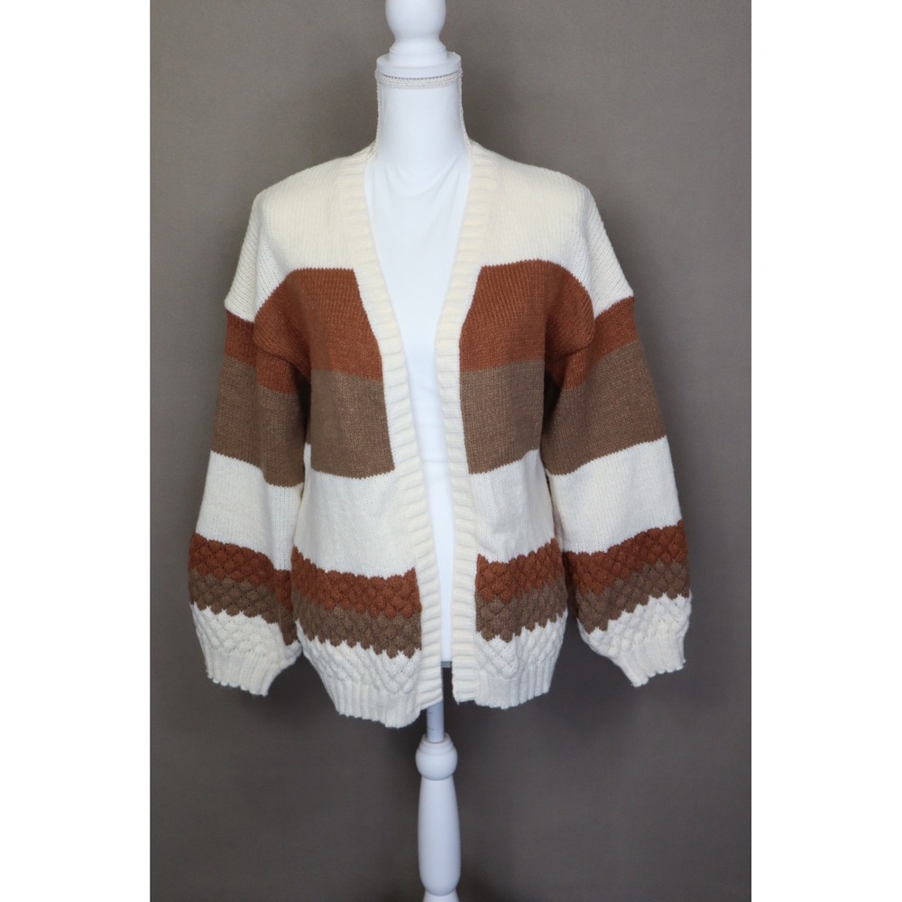 Women's Brown and Cream Knit Sweater Cardigan Size L